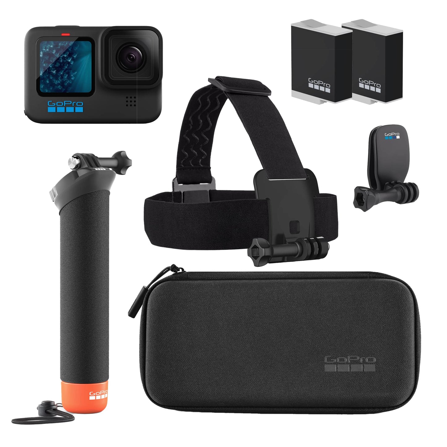 GoPro HERO11 Black Zubehörpaket – inkl. 2 Enduro-Akkus, The Handler Griff, Kopfband + Quick Clip & Tragetasche