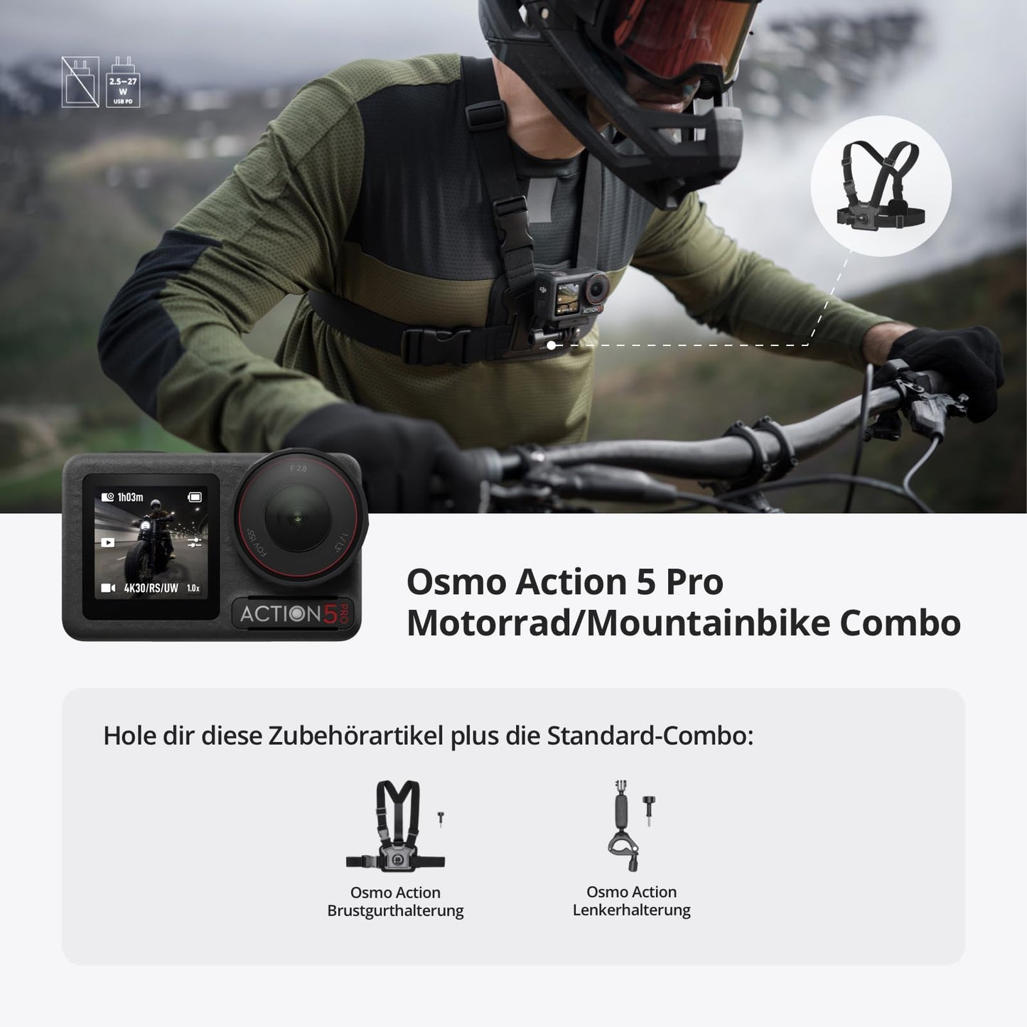 DJI Osmo Action 5 Pro Bike Combo – 4K Actioncam, 1/1,3" Sensor, 155° Sichtfeld, 4 h Akku, FPV-Brustgurt, Sportdatenaufzeichnung für Radfahrer
