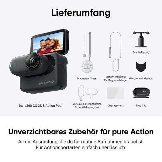 Insta360 GO 3S Action-Bundle – 4K Mini-Cam, freihändig tragbar, 140 min Akku, 10 m wasserdicht, Stabilisierung, KI-Editing, ideal für Vlogs & Reisen