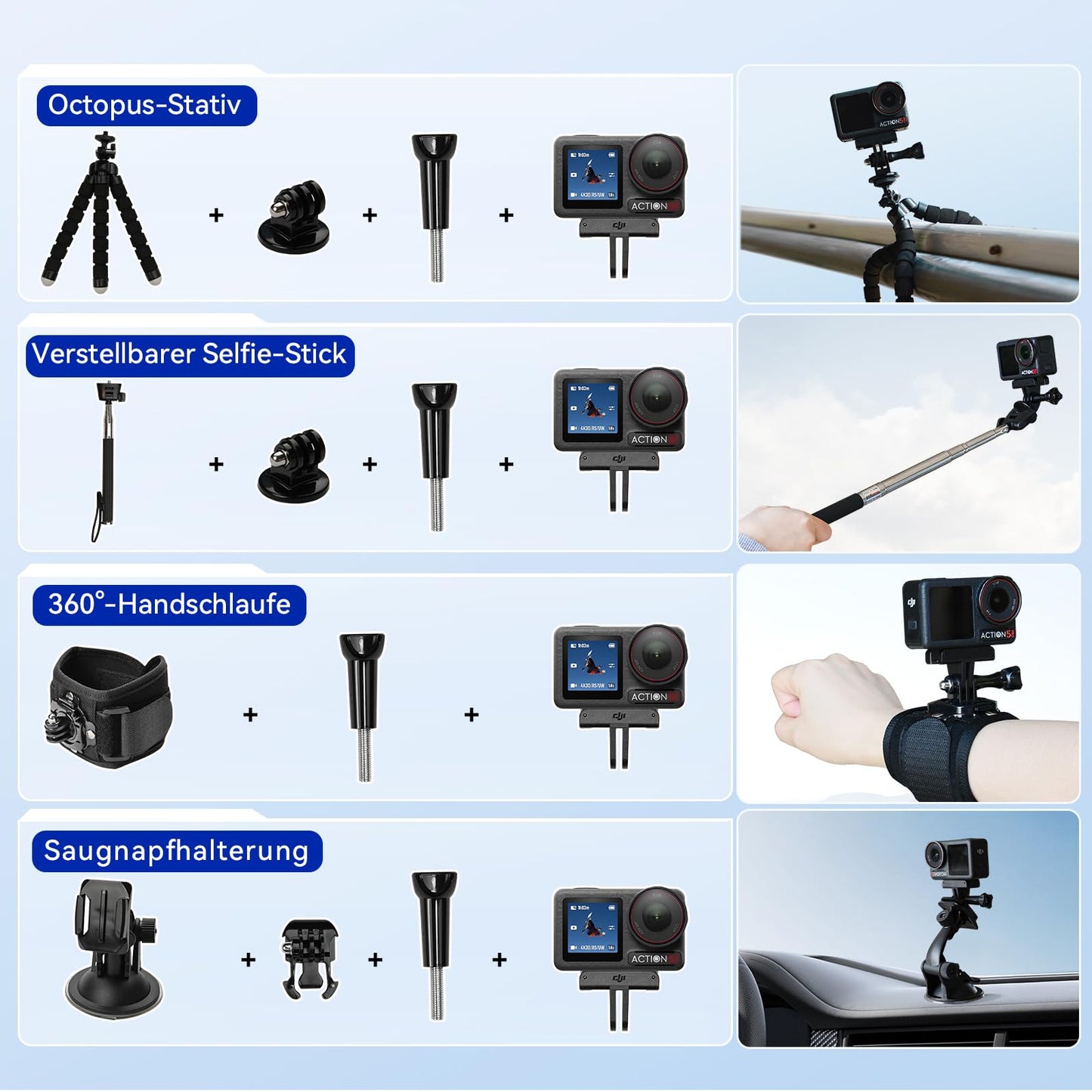 DJI Osmo Action 4 Pro Adventure Combo, 4K/120fps, 1/1.3" Sensor, wasserdicht, Dual Touchscreens, Stabilisierung, 3 Akkus, 58-teiliges Zubehör