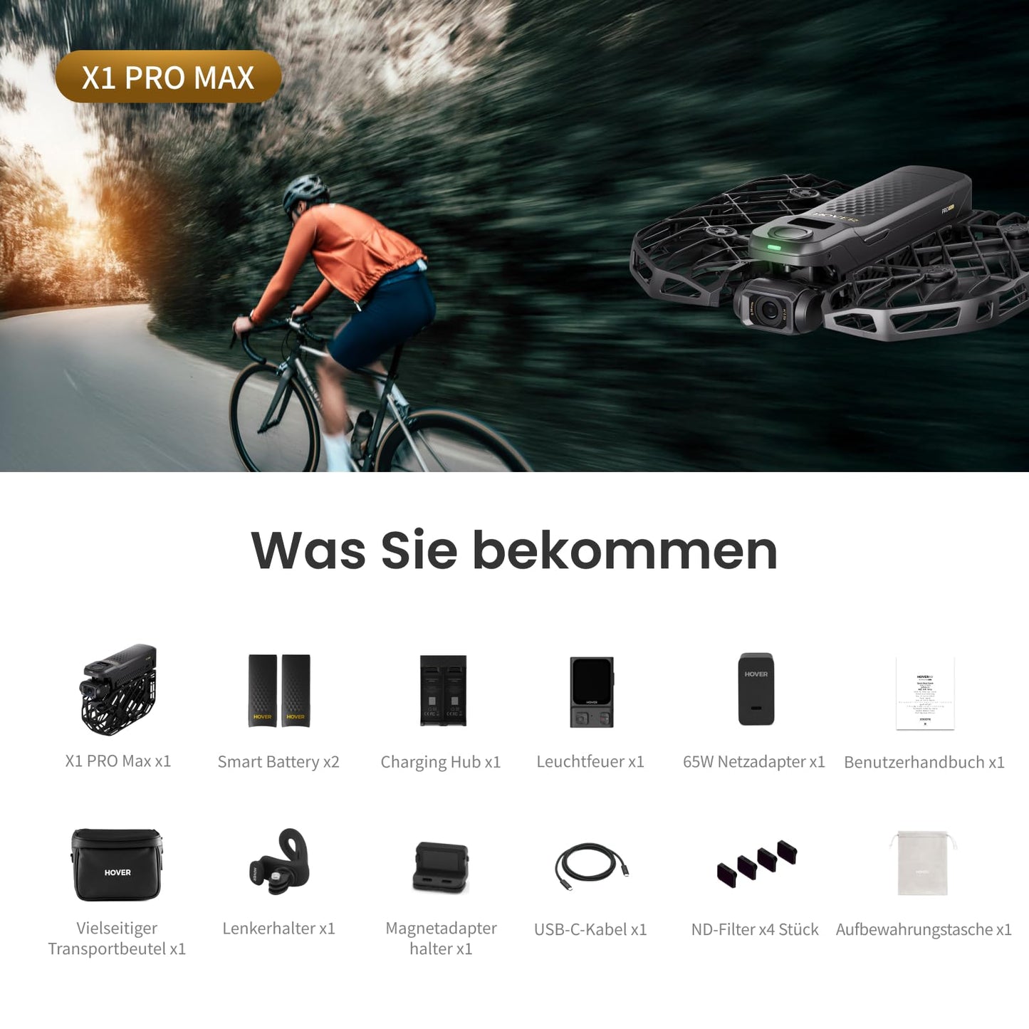 HOVERAir X1 PROMAX Action Cam – 8K Drohne mit 10+ Flugmodi, 42 km/h Verfolgung, OmniTerrain, Rückkollisions-Erkennung (Rad-Kombo)