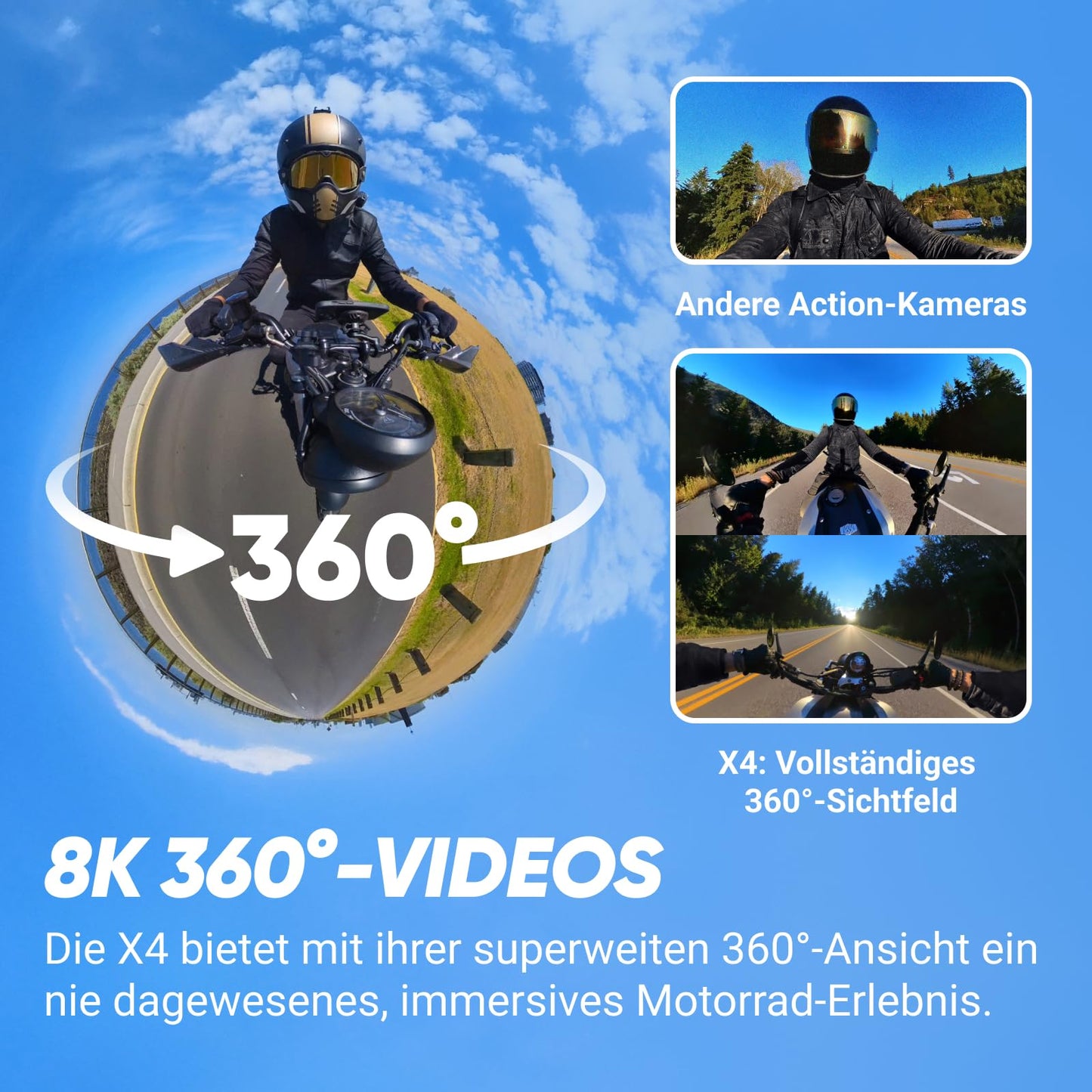 Insta360 X4 Motorrad Lenker Kit – 8K 360° Actioncam, 4K Weitwinkel, wasserdicht, unsichtbarer Stick, Objektivschutz, KI-Editing, ohne microSD