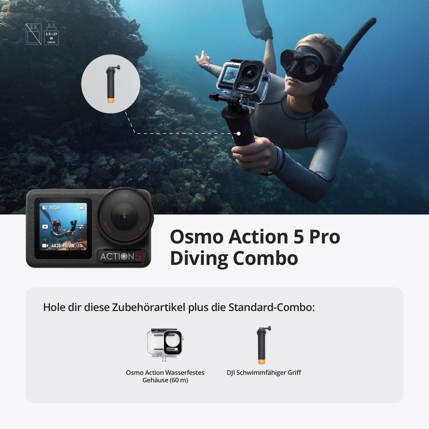 DJI Osmo Action 5 Pro Diving Combo – 4K Actioncam mit 60 m Tauchgehäuse, Dual OLED-Touchscreens, Druckmesser & Farbsensor für echte UW-Farben