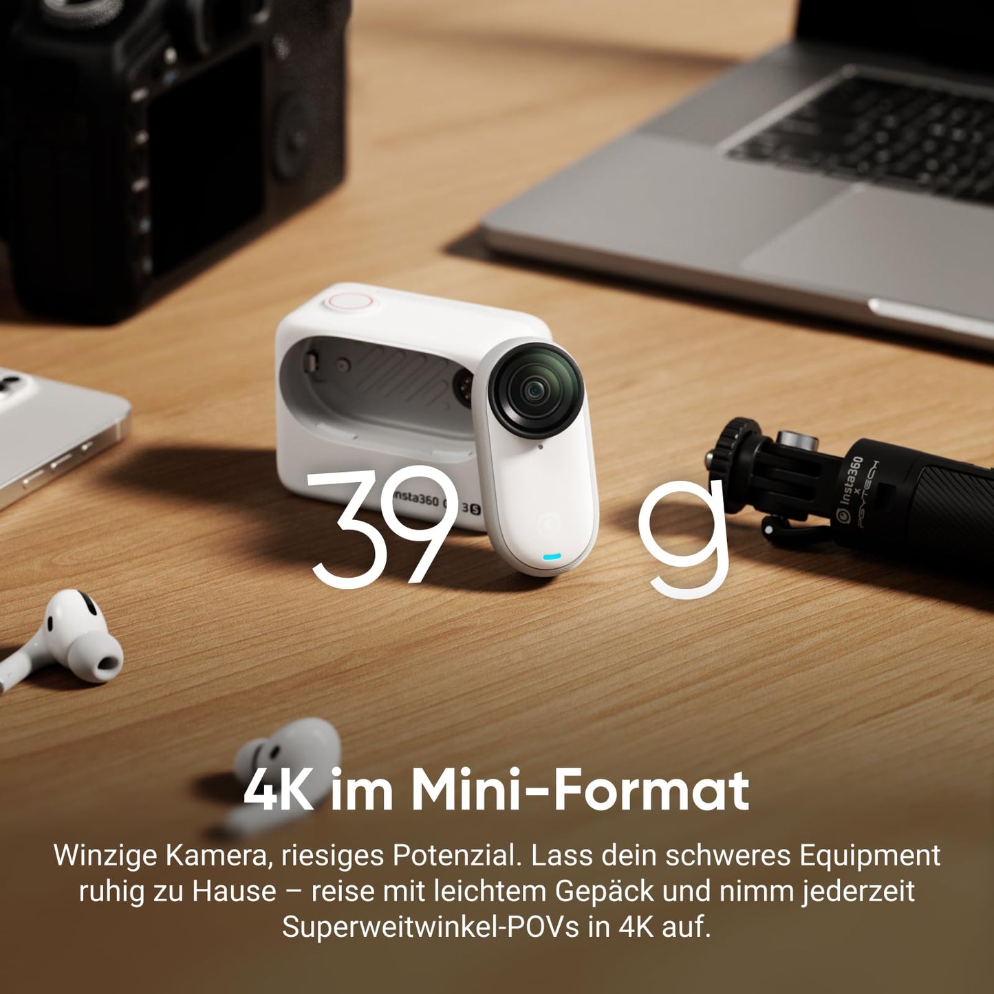Insta360 GO 3S 128 GB – 4K Mini-Cam, freihändig tragbar, 140 min Akku, 10 m wasserdicht, Stabilisierung, KI-Editing, Apple Find My, ideal für Vlogs