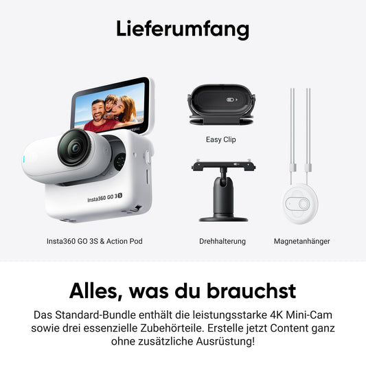 Insta360 GO 3S 128 GB – 4K Mini-Cam, freihändig tragbar, 140 min Akku, 10 m wasserdicht, Stabilisierung, KI-Editing, Apple Find My, ideal für Vlogs